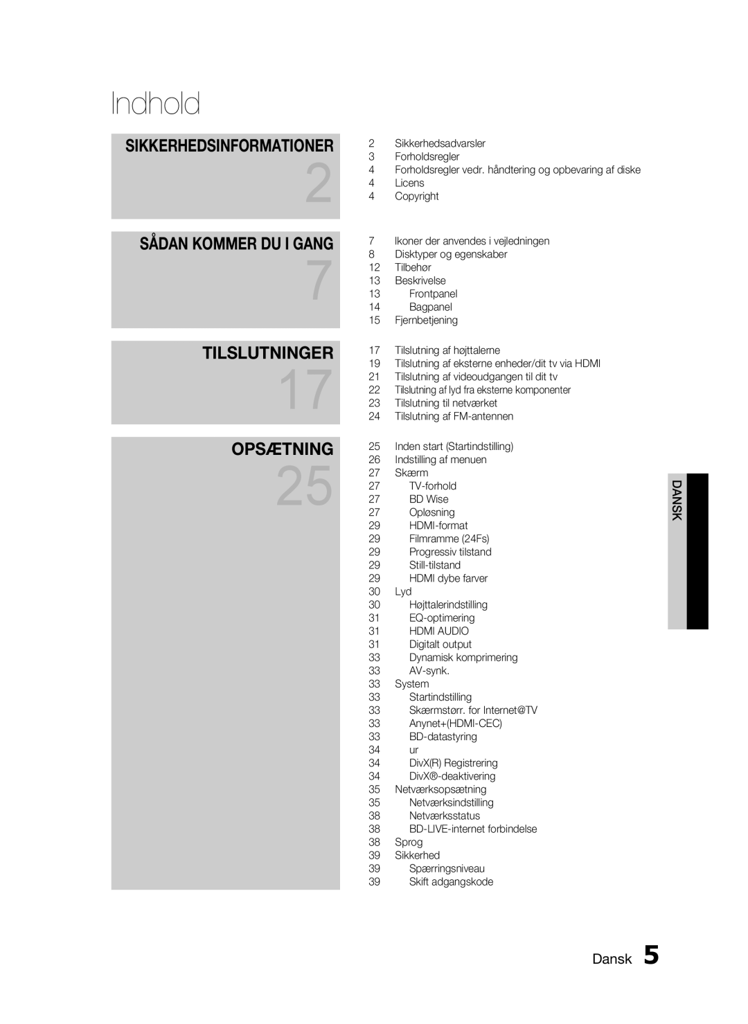 Samsung HT-C5200/XEE manual Indhold, Sikkerhedsinformationer 