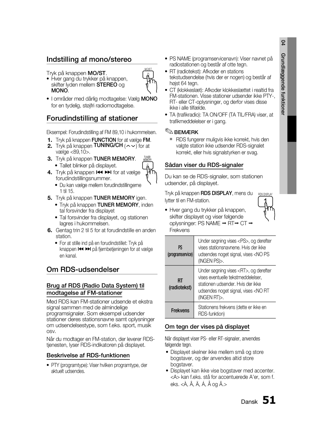 Samsung HT-C5200/XEE manual Indstilling af mono/stereo, Forudindstilling af stationer, Om RDS-udsendelser 