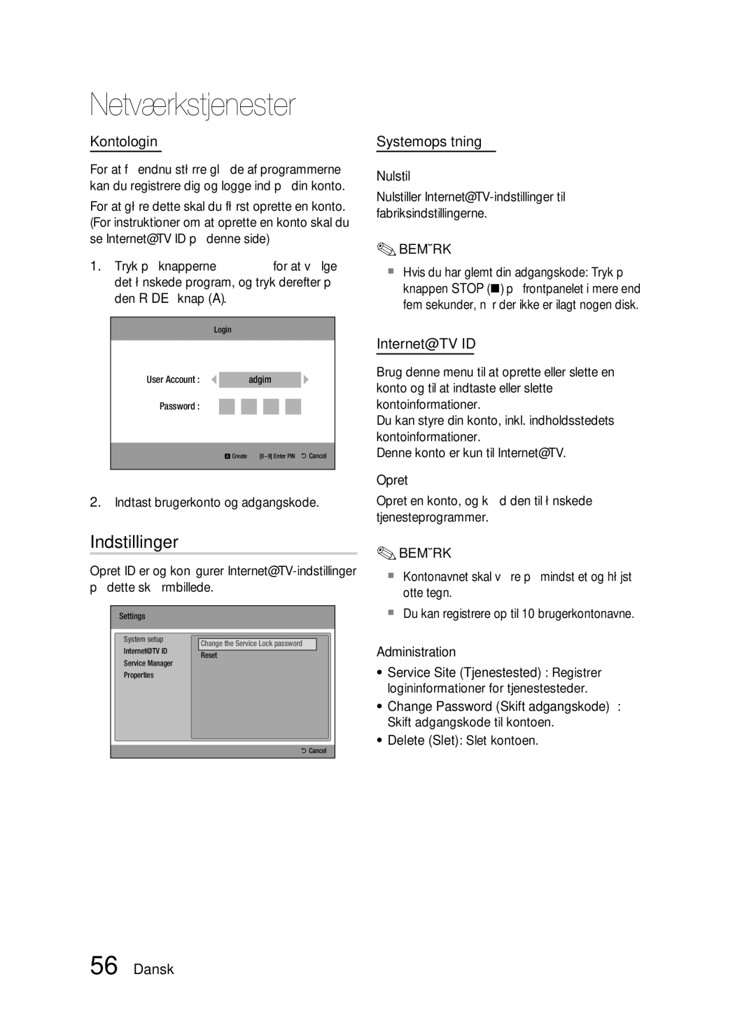 Samsung HT-C5200/XEE manual Indstillinger, Kontologin, Systemopsætning, Internet@TV ID, Indtast brugerkonto og adgangskode 