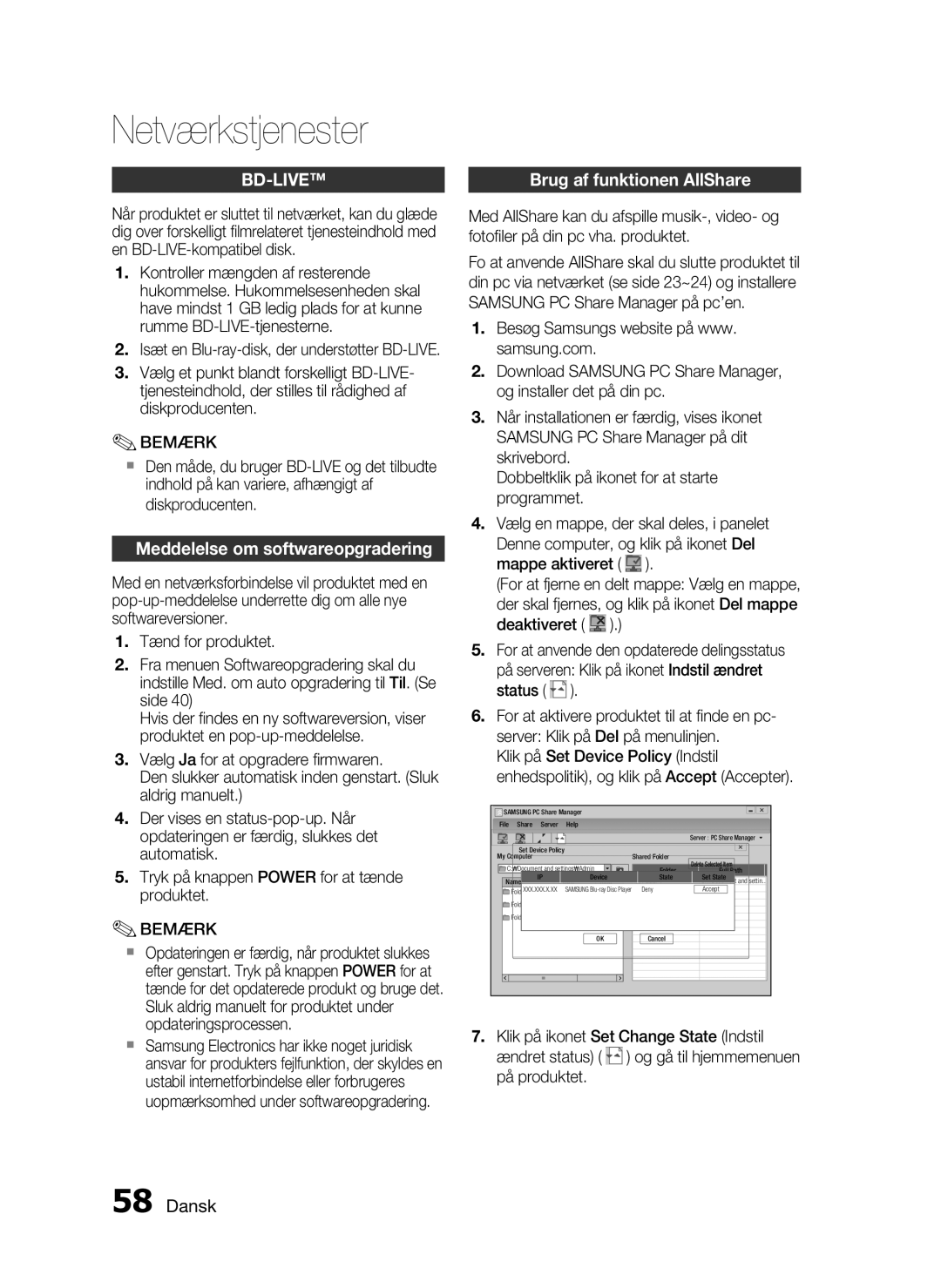 Samsung HT-C5200/XEE manual Bd-Live, Meddelelse om softwareopgradering 