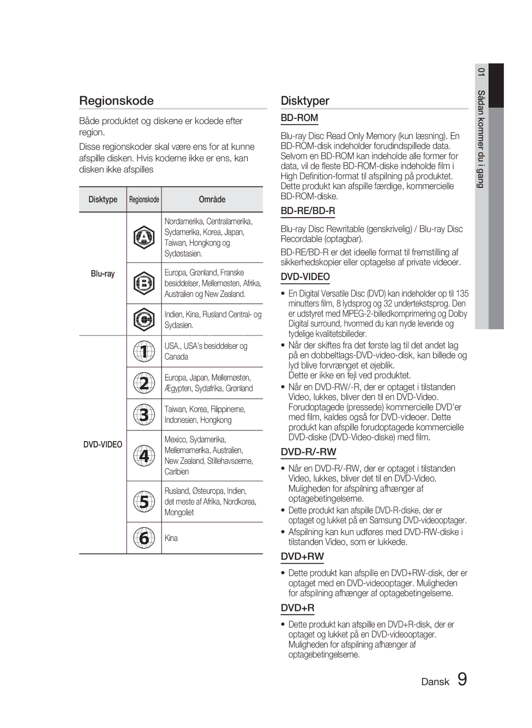 Samsung HT-C5200/XEE manual Regionskode, Disktyper 