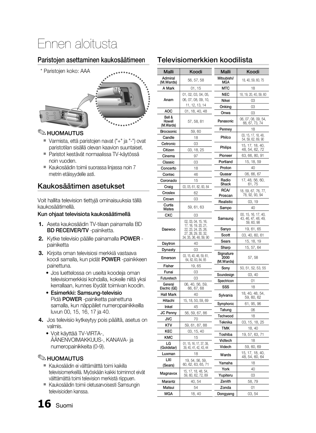 Samsung HT-C5200/XEE manual Televisiomerkkien koodilista, Kaukosäätimen asetukset, Paristojen koko AAA 