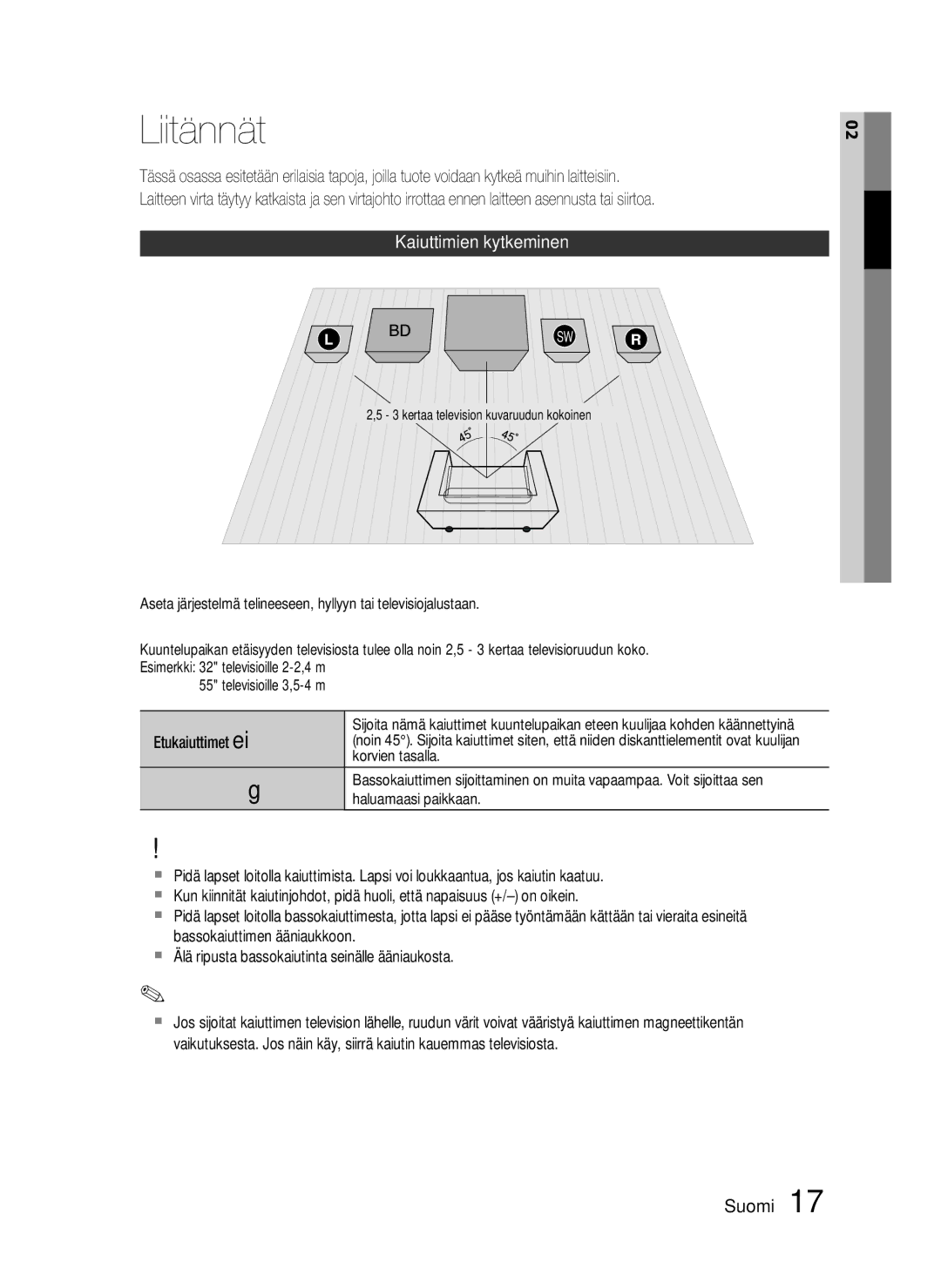 Samsung HT-C5200/XEE manual Liitännät, Kaiuttimien kytkeminen 