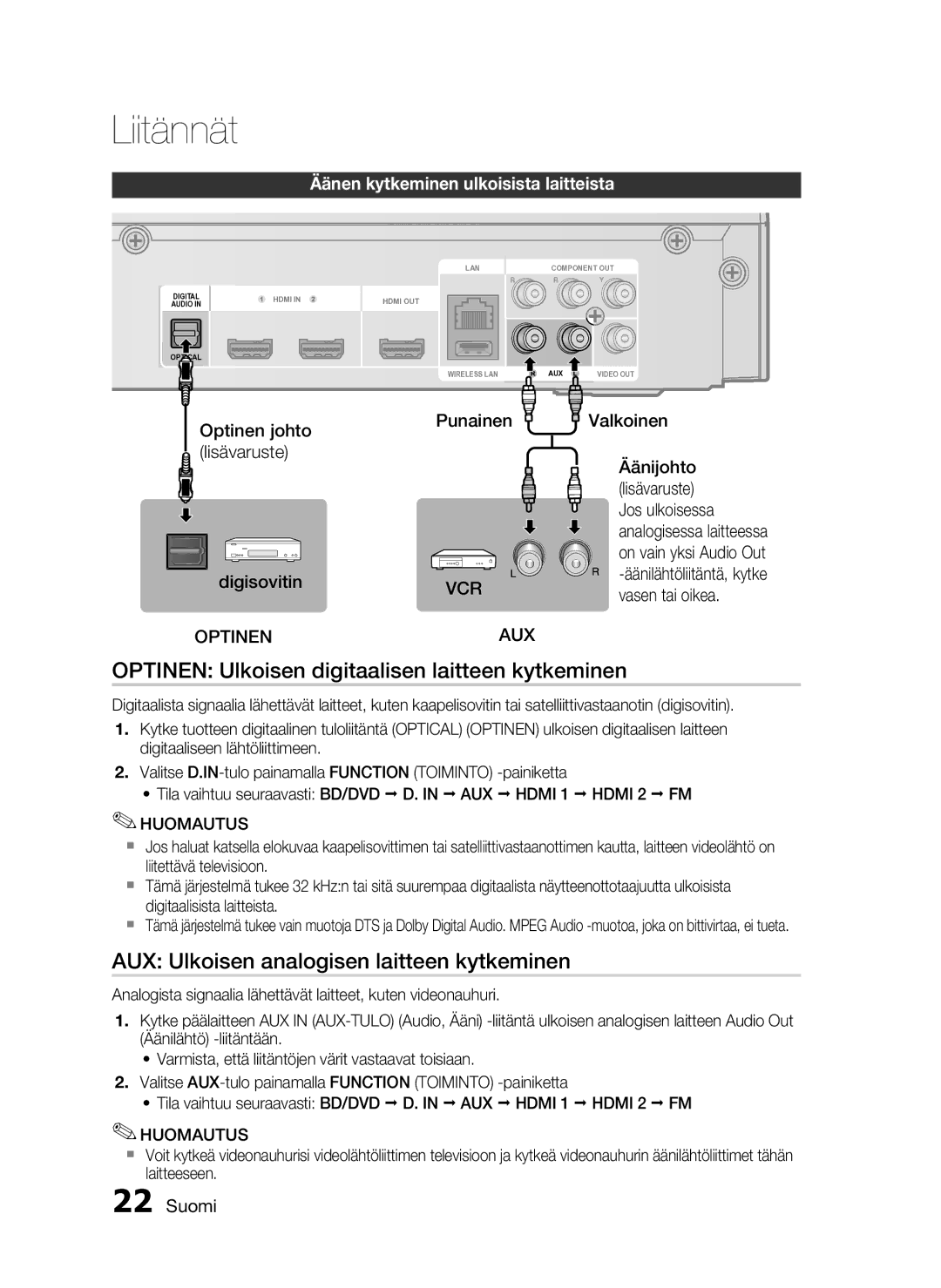 Samsung HT-C5200/XEE manual Optinen Ulkoisen digitaalisen laitteen kytkeminen, AUX Ulkoisen analogisen laitteen kytkeminen 