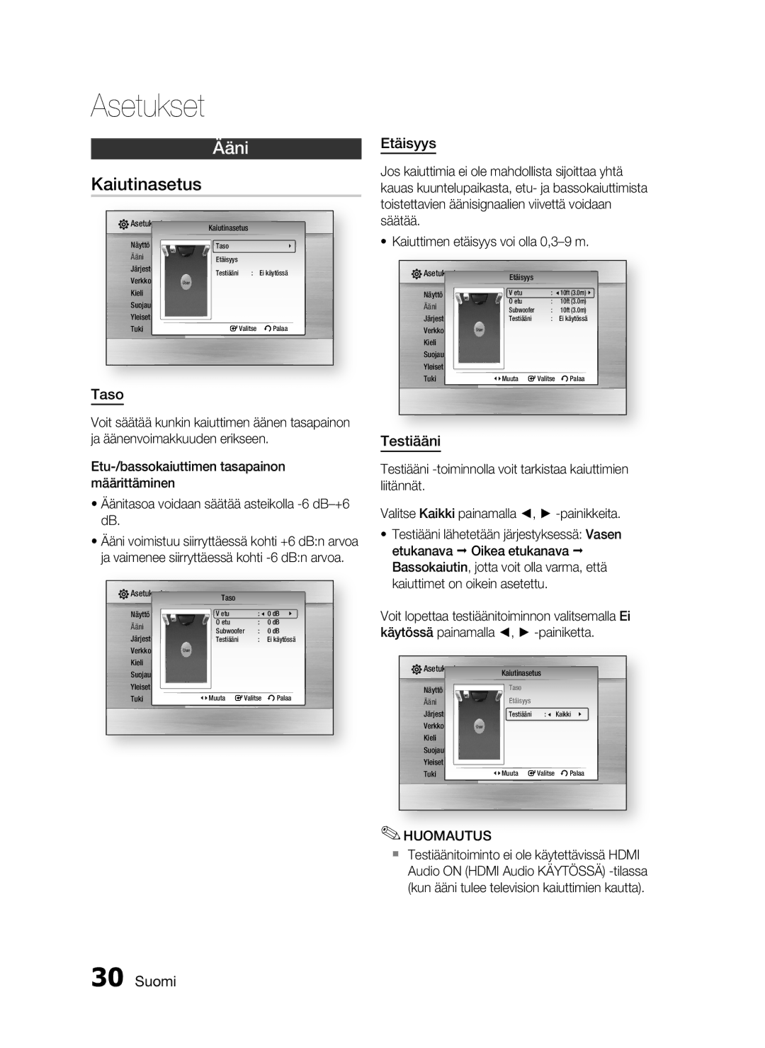 Samsung HT-C5200/XEE manual Kaiutinasetus, Taso, Etäisyys, Testiääni 