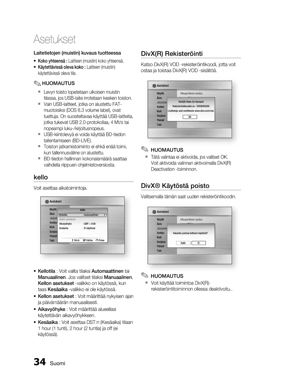 Samsung HT-C5200/XEE manual Kello, DivXR Rekisteröinti, DivX Käytöstä poisto 