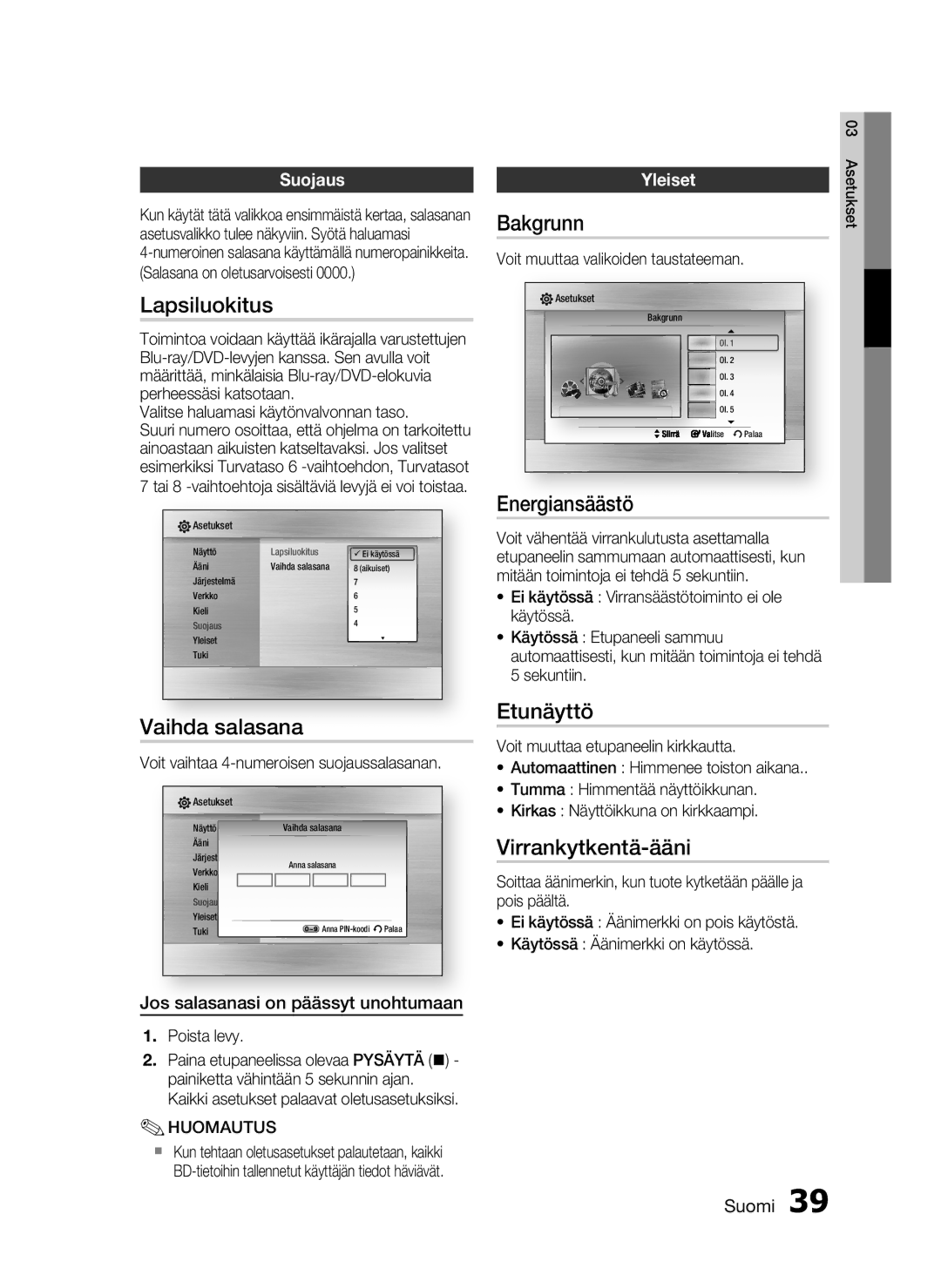 Samsung HT-C5200/XEE manual Lapsiluokitus, Vaihda salasana, Bakgrunn, Energiansäästö, Etunäyttö, Virrankytkentä-ääni 