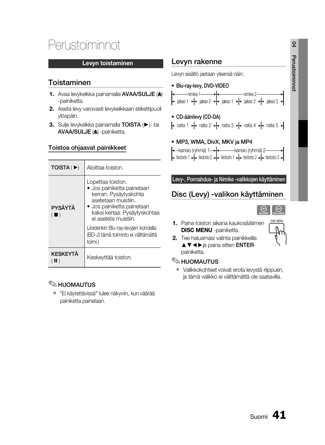 Samsung HT-C5200/XEE manual Perustoiminnot, Toistaminen, Levyn rakenne, Disc Levy -valikon käyttäminen, Levyn toistaminen 