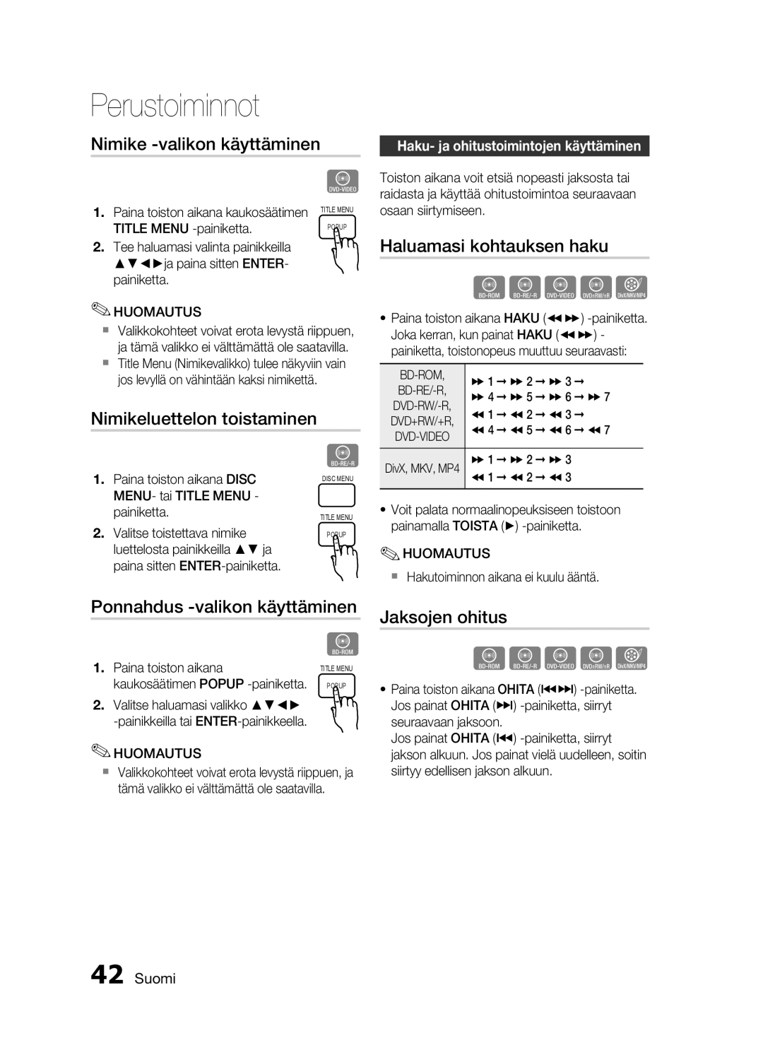 Samsung HT-C5200/XEE Nimike -valikon käyttäminen, Haluamasi kohtauksen haku, Nimikeluettelon toistaminen, Jaksojen ohitus 