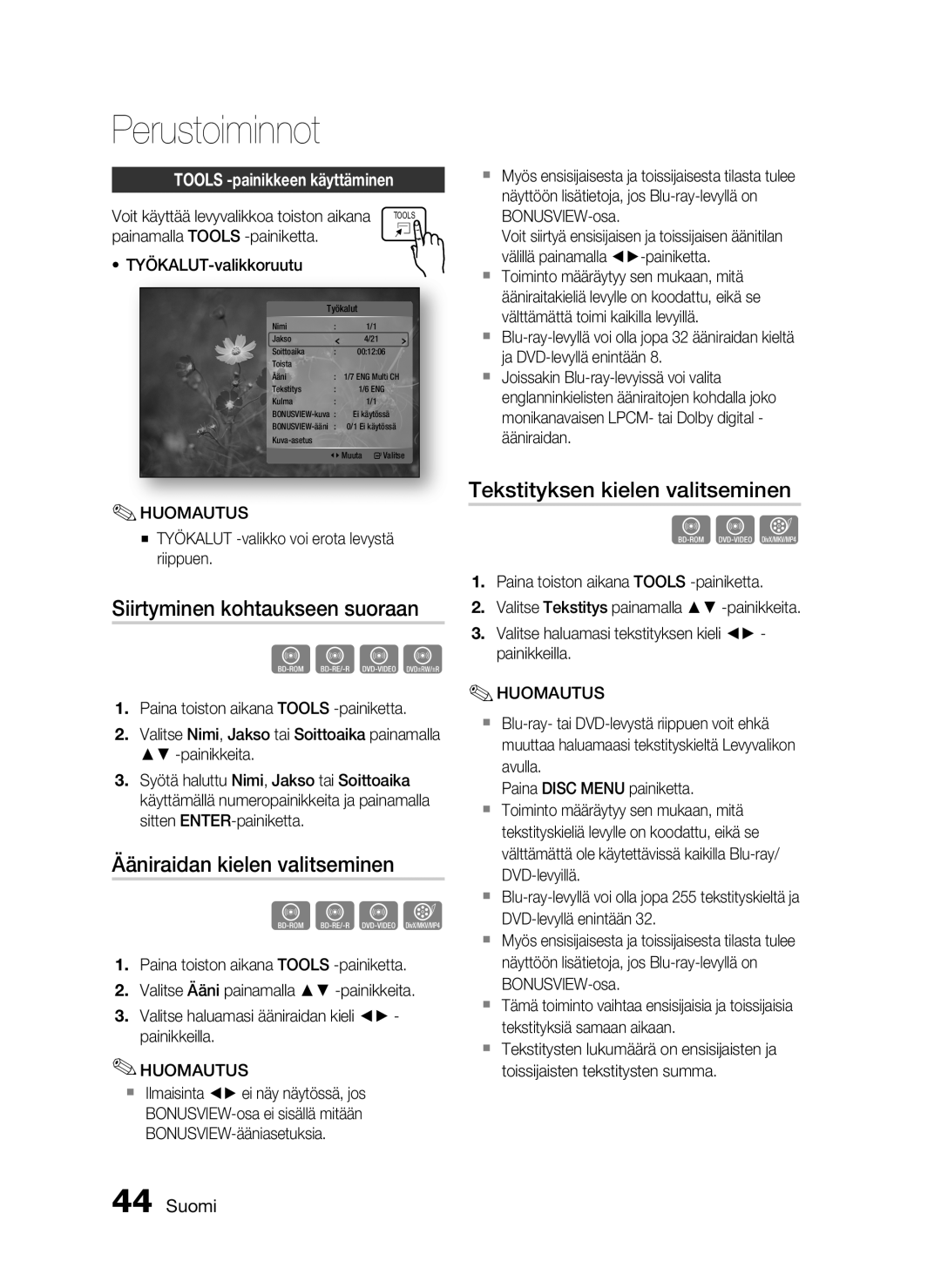 Samsung HT-C5200/XEE Siirtyminen kohtaukseen suoraan, Ääniraidan kielen valitseminen, Tekstityksen kielen valitseminen 