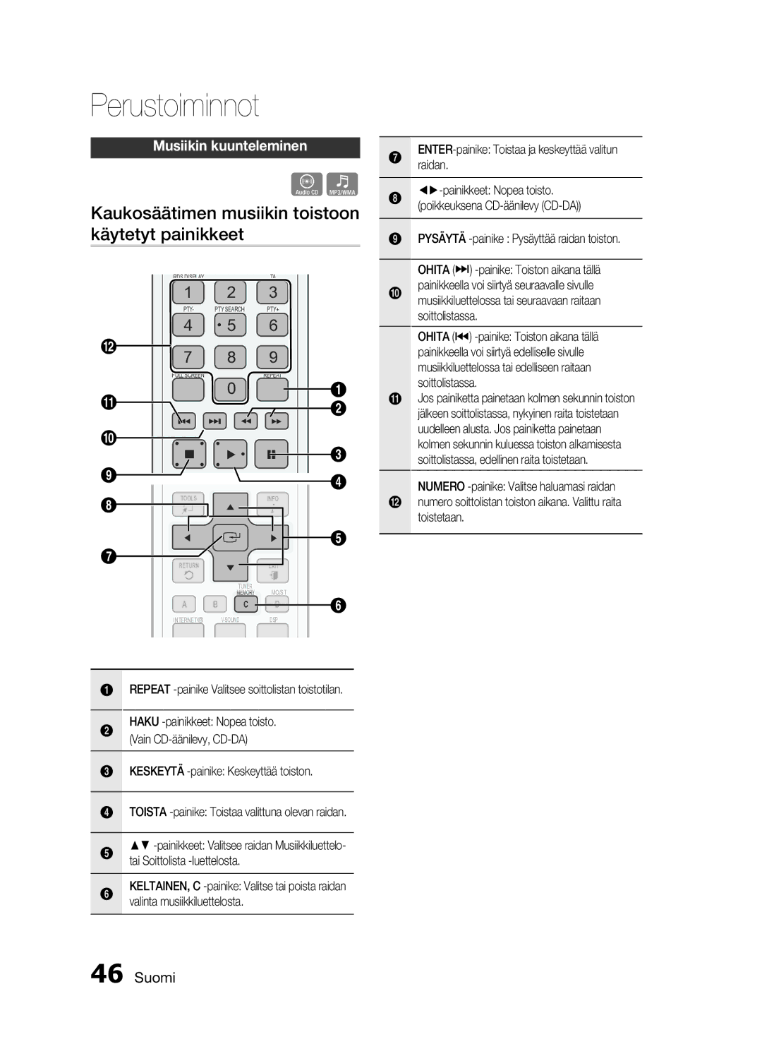 Samsung HT-C5200/XEE manual Kaukosäätimen musiikin toistoon käytetyt painikkeet, Musiikin kuunteleminen 