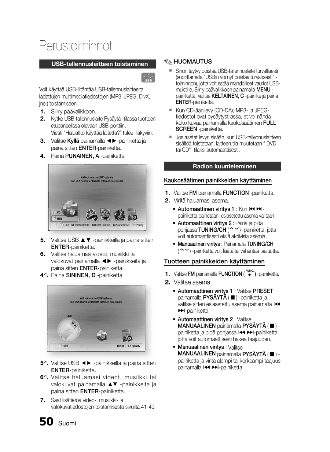 Samsung HT-C5200/XEE manual USB-tallennuslaitteen toistaminen, Radion kuunteleminen, Kaukosäätimen painikkeiden käyttäminen 