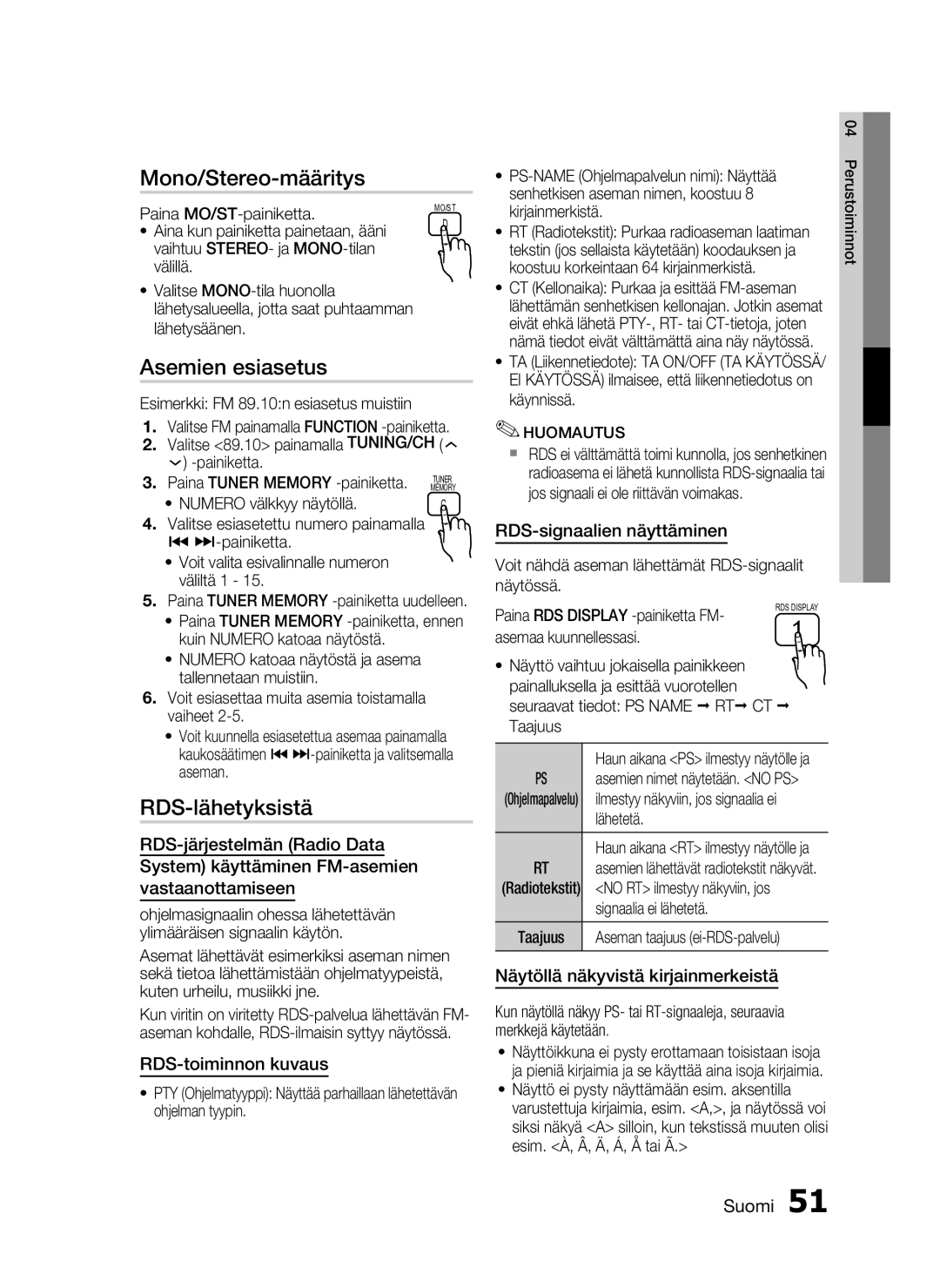 Samsung HT-C5200/XEE manual Mono/Stereo-määritys, Asemien esiasetus, RDS-lähetyksistä 