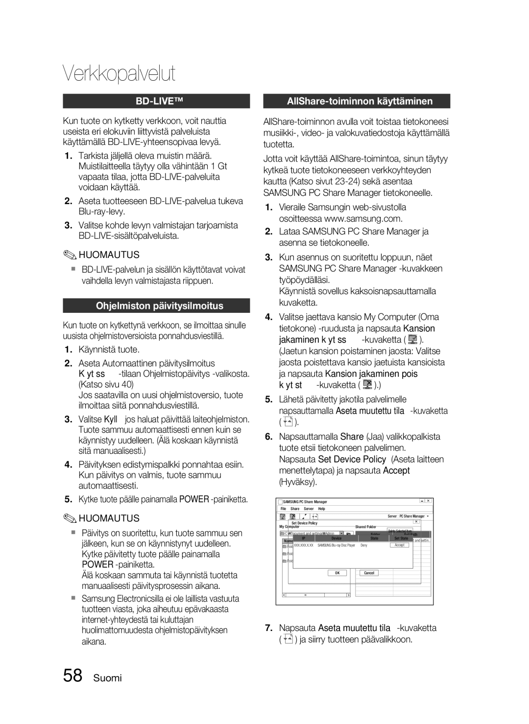 Samsung HT-C5200/XEE manual AllShare-toiminnon käyttäminen, Ohjelmiston päivitysilmoitus 