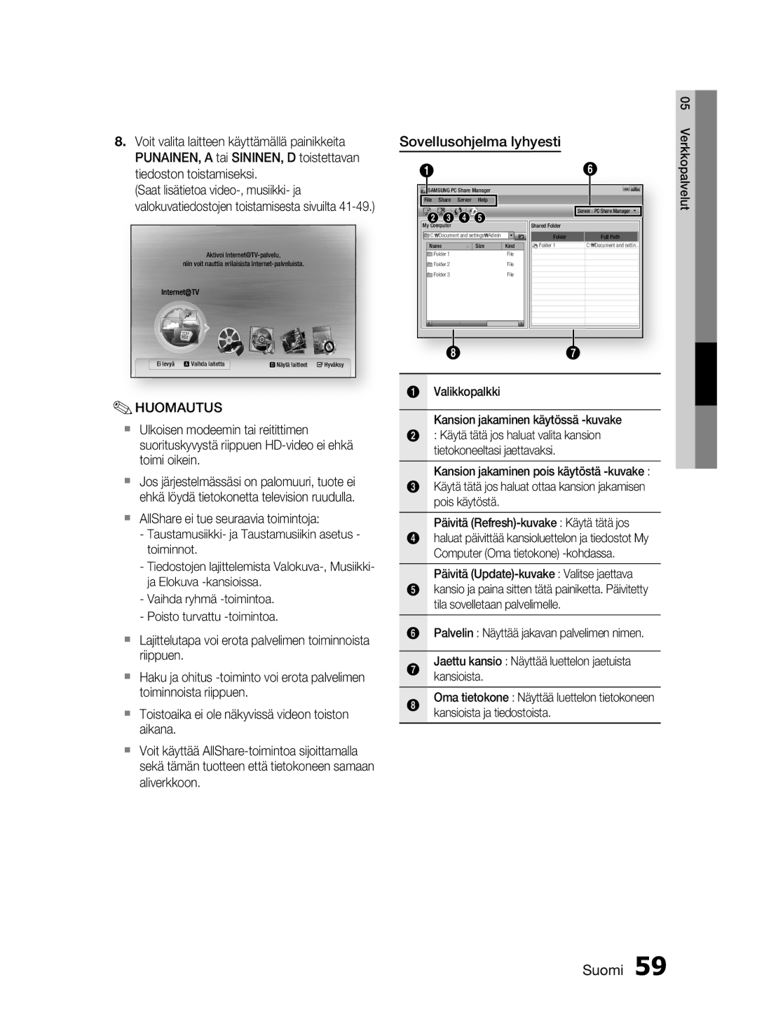 Samsung HT-C5200/XEE manual Sovellusohjelma lyhyesti, Valikkopalkki Kansion jakaminen käytössä -kuvake 