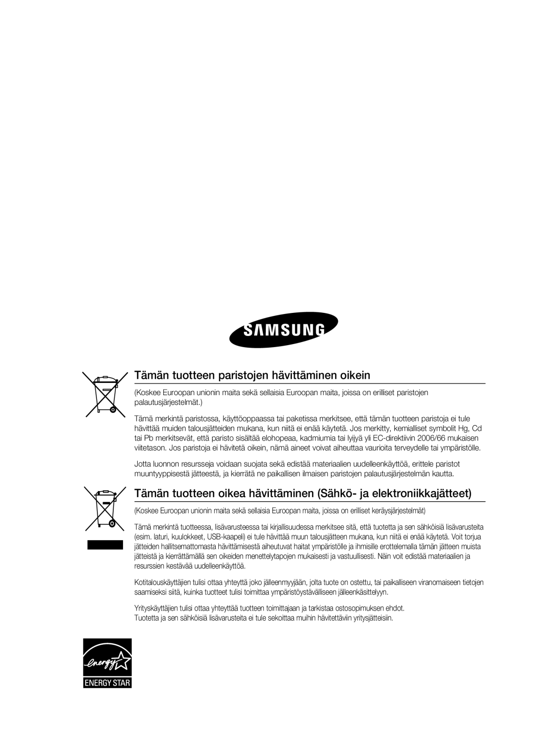 Samsung HT-C5200/XEE manual Tämän tuotteen paristojen hävittäminen oikein 