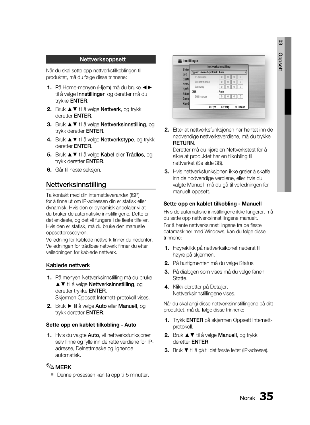 Samsung HT-C5200/XEE manual Nettverksinnstilling, Nettverksoppsett, Kablede nettverk, Return 