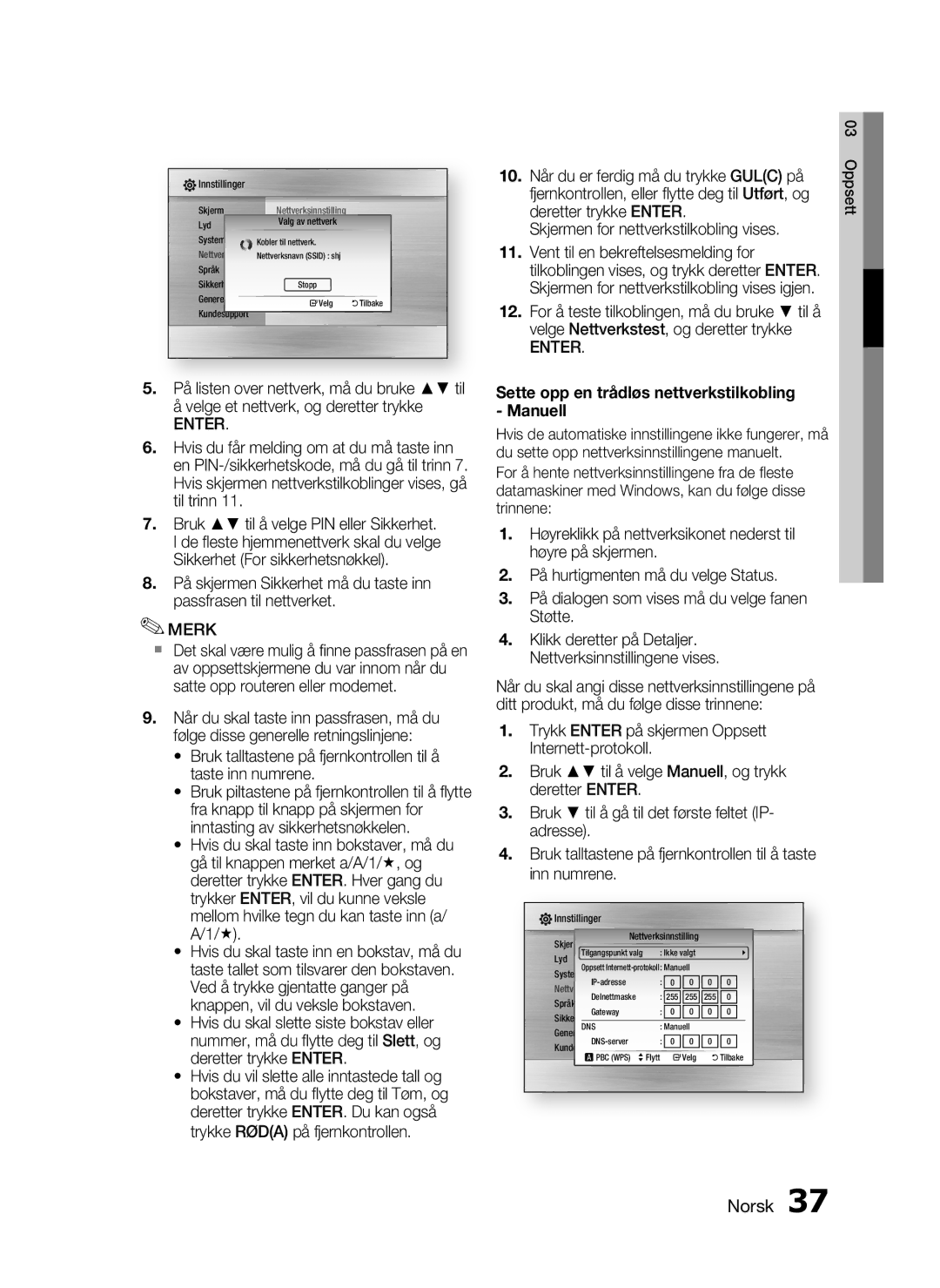 Samsung HT-C5200/XEE manual Sette opp en trådløs nettverkstilkobling Manuell 