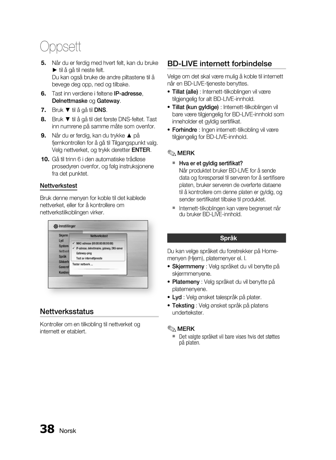 Samsung HT-C5200/XEE manual BD-LIVE internett forbindelse, Nettverksstatus, Nettverkstest, Språk 