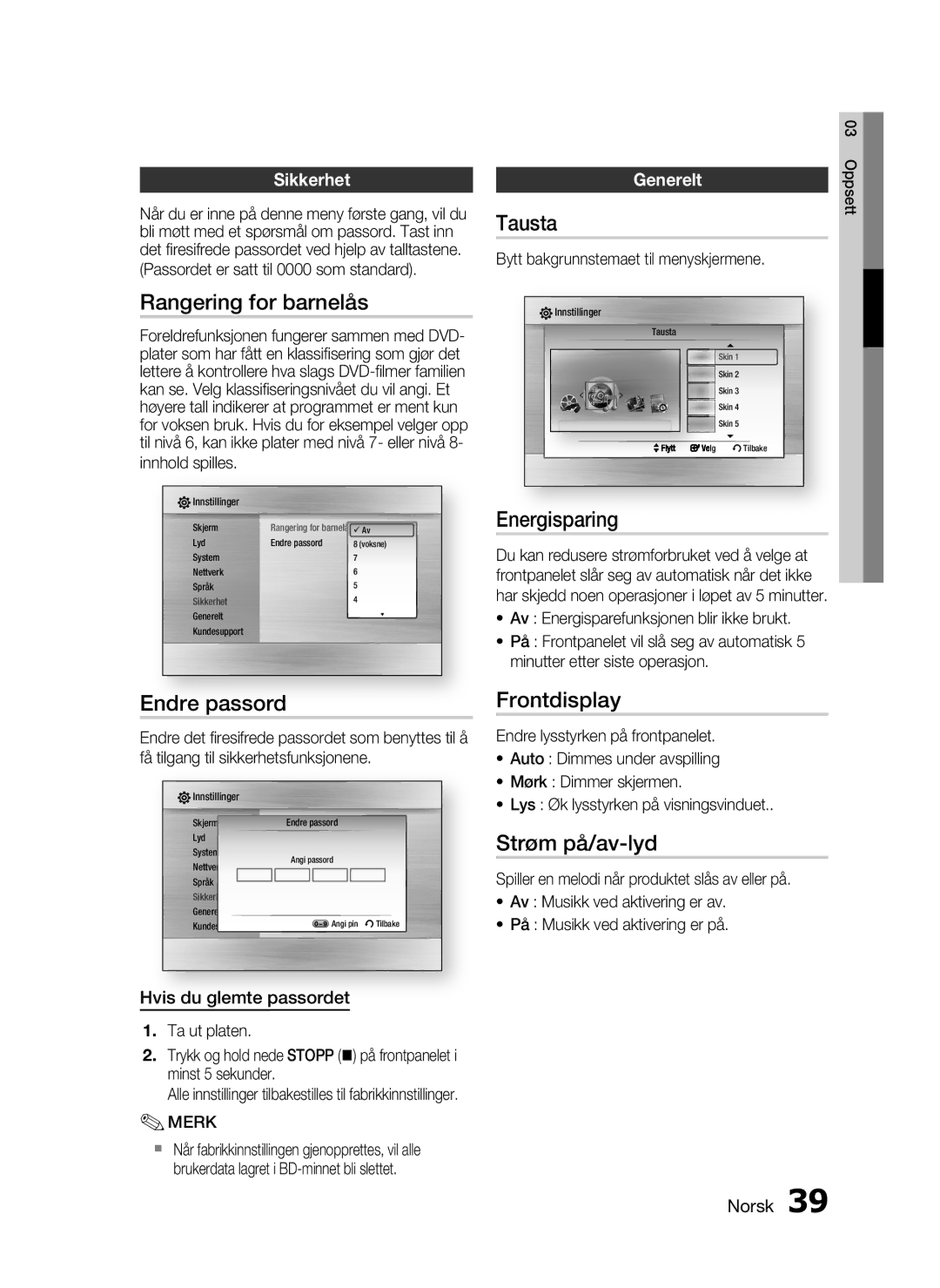 Samsung HT-C5200/XEE manual Rangering for barnelås, Endre passord, Tausta, Energisparing, Frontdisplay, Strøm på/av-lyd 