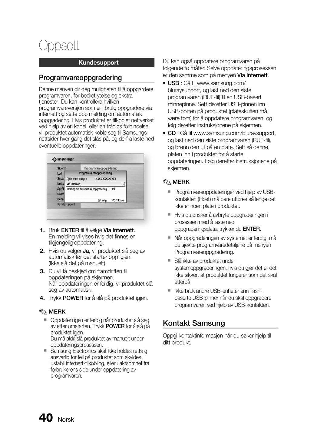 Samsung HT-C5200/XEE manual Programvareoppgradering, Kontakt Samsung, Kundesupport 