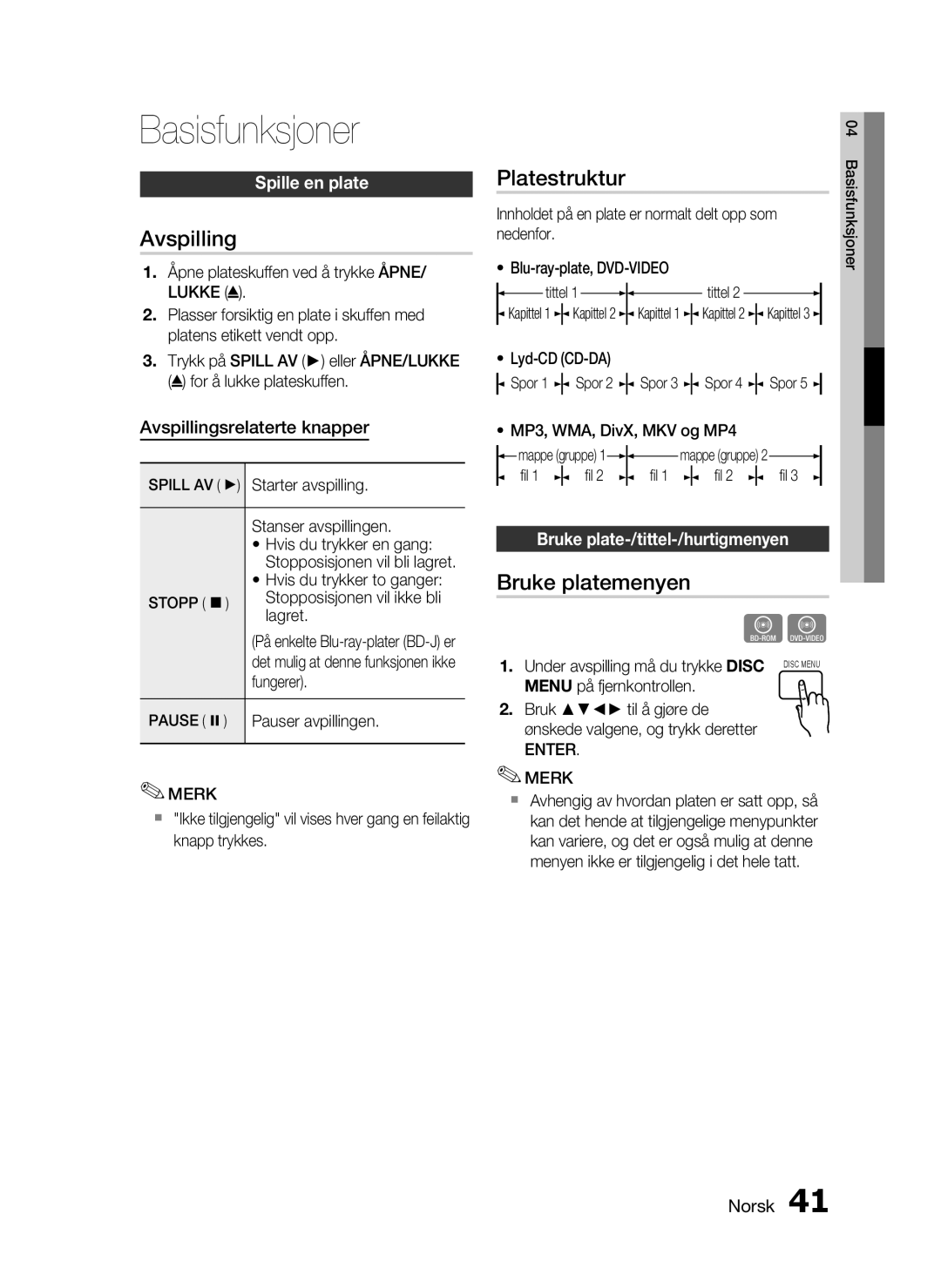 Samsung HT-C5200/XEE manual Basisfunksjoner, Avspilling, Platestruktur, Bruke platemenyen 