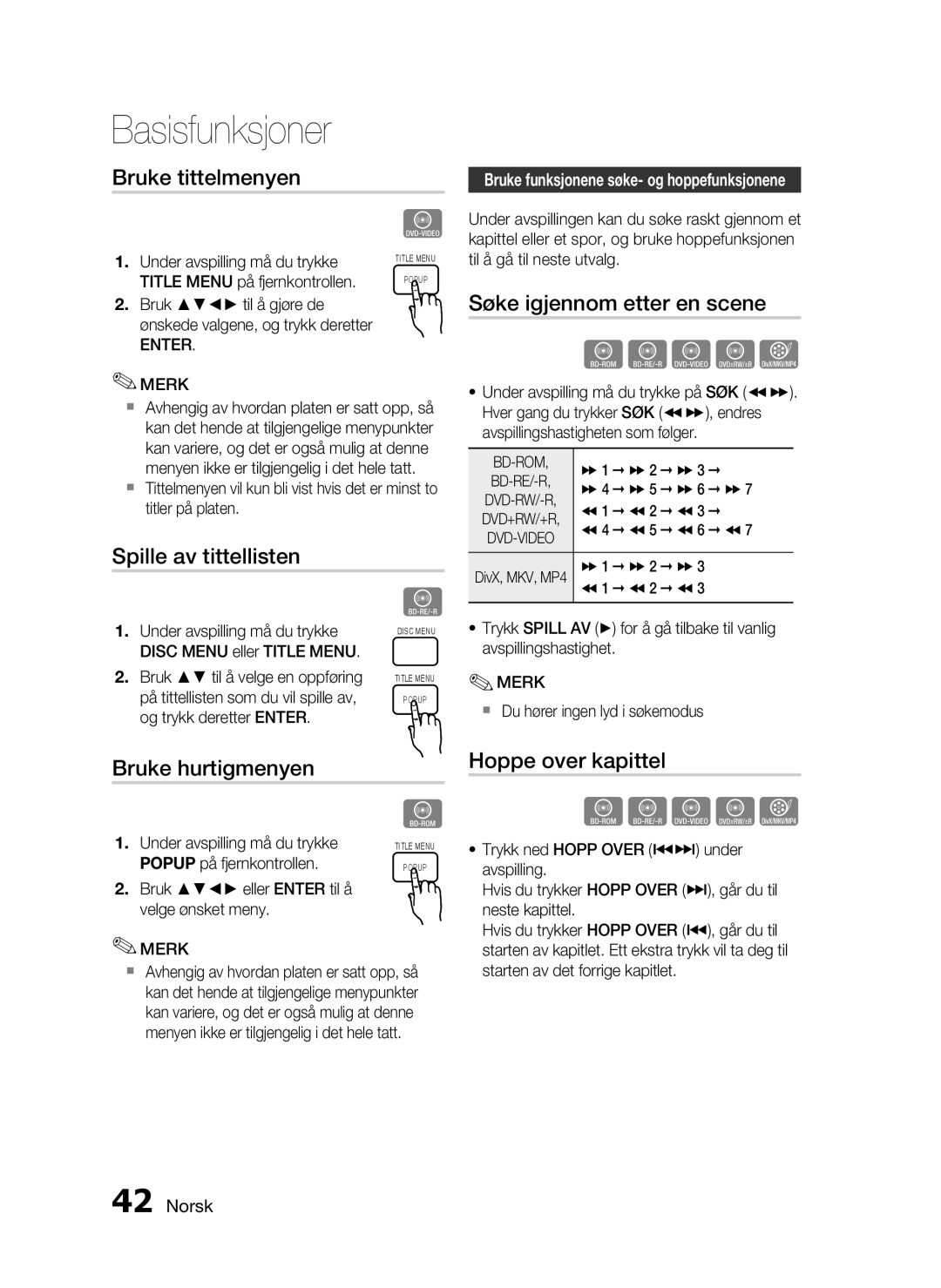 Samsung HT-C5200/XEE manual Bruke tittelmenyen, Søke igjennom etter en scene, Spille av tittellisten, Bruke hurtigmenyen 