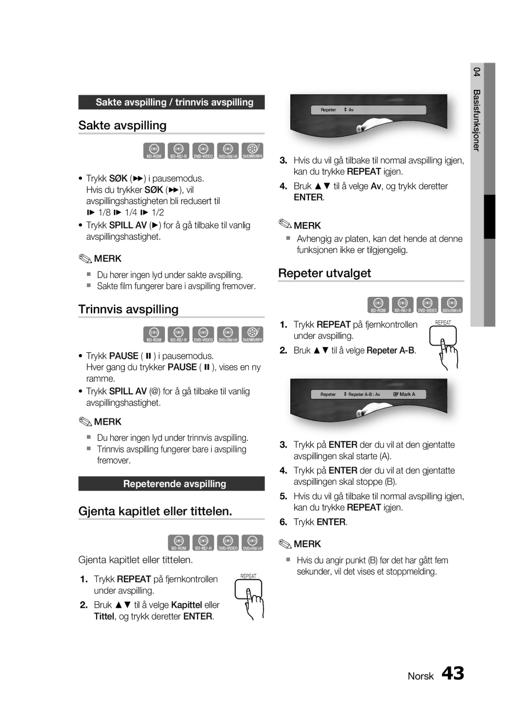 Samsung HT-C5200/XEE manual Sakte avspilling, Trinnvis avspilling, Gjenta kapitlet eller tittelen, Repeter utvalget 