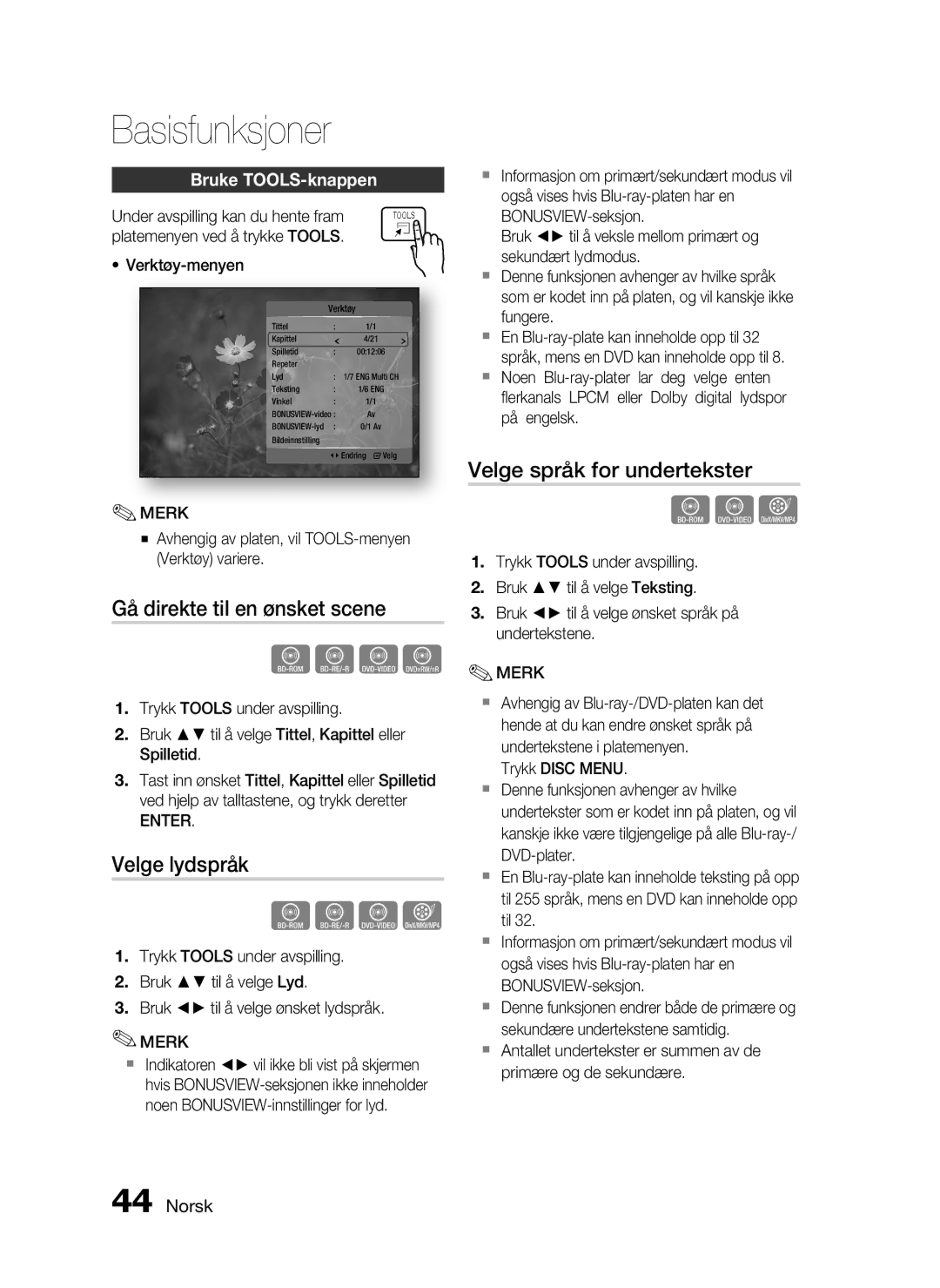 Samsung HT-C5200/XEE Gå direkte til en ønsket scene, Velge lydspråk, Velge språk for undertekster, Bruke TOOLS-knappen 