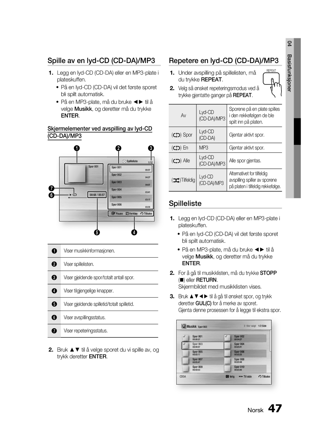 Samsung HT-C5200/XEE manual Spille av en lyd-CD CD-DA/MP3, Repetere en lyd-CD CD-DA/MP3, Spilleliste 