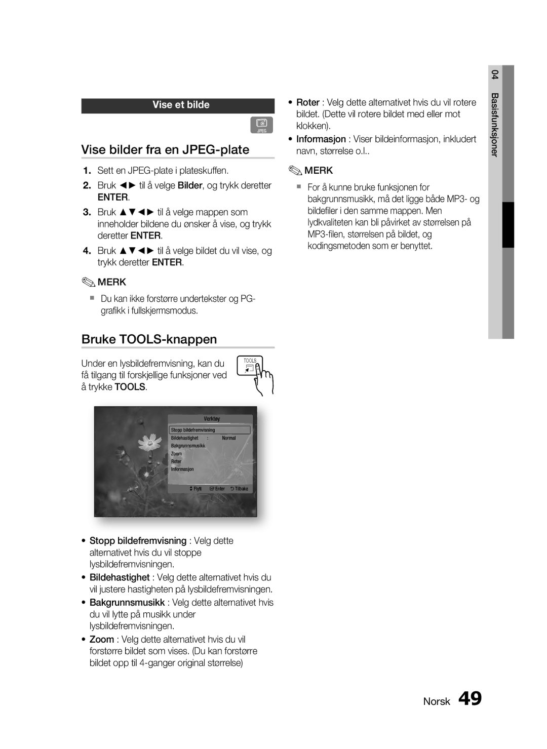 Samsung HT-C5200/XEE manual Vise bilder fra en JPEG-plate, Bruke TOOLS-knappen, Vise et bilde 