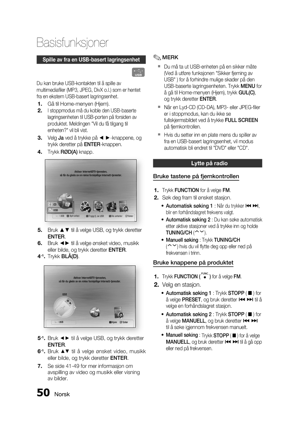 Samsung HT-C5200/XEE manual Lytte på radio, Bruke tastene på fjernkontrollen, Bruke knappene på produktet 