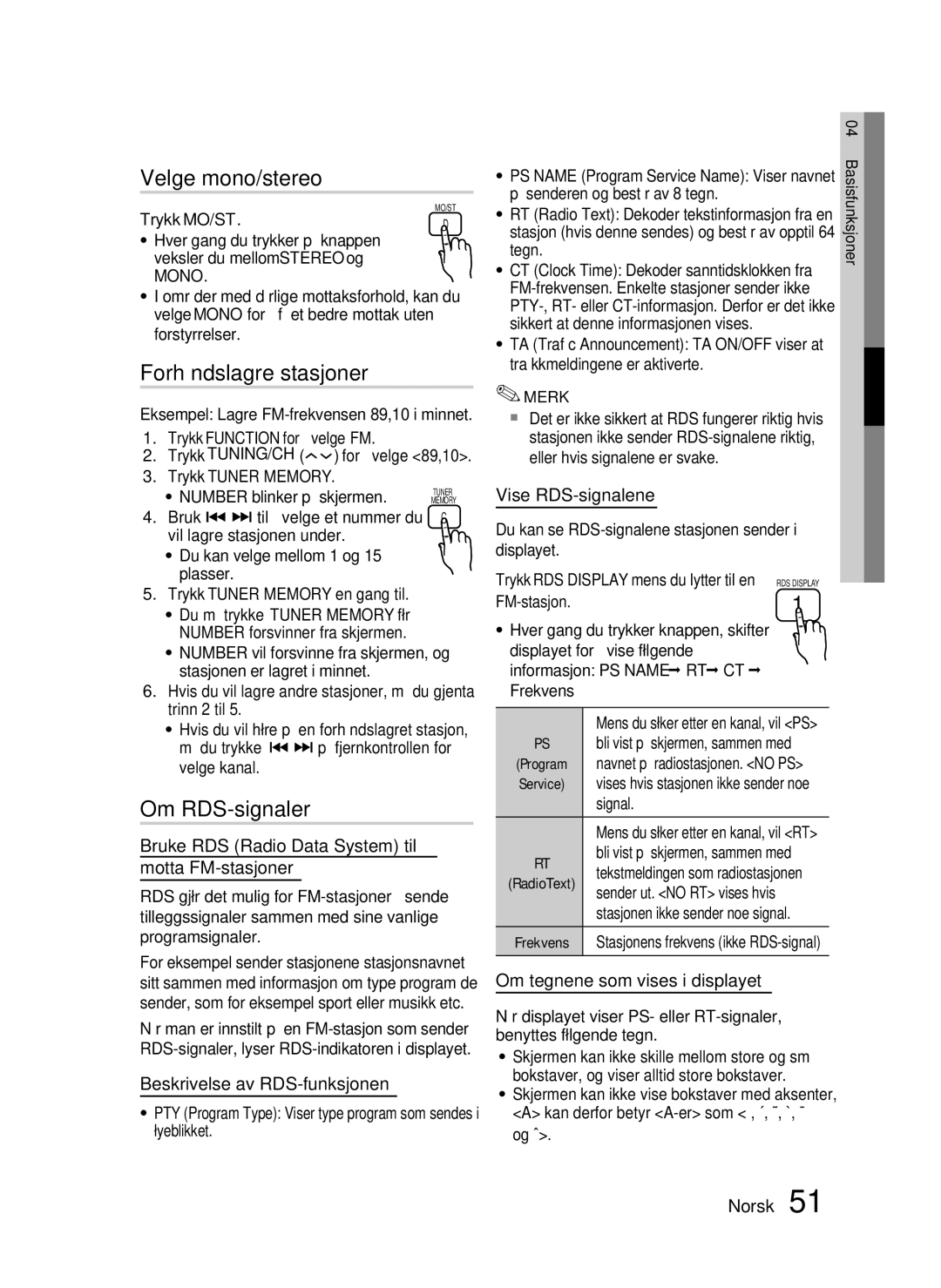 Samsung HT-C5200/XEE manual Velge mono/stereo, Forhåndslagre stasjoner, Om RDS-signaler 