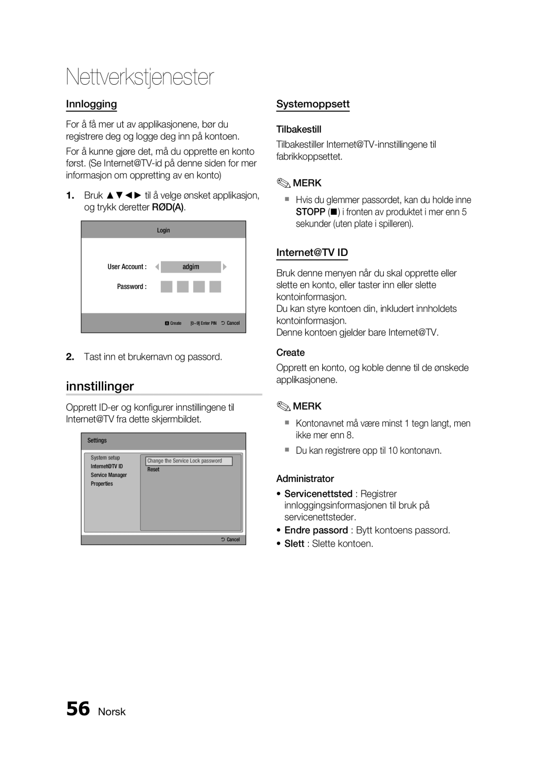 Samsung HT-C5200/XEE manual Innstillinger, Innlogging, Systemoppsett, Internet@TV ID 