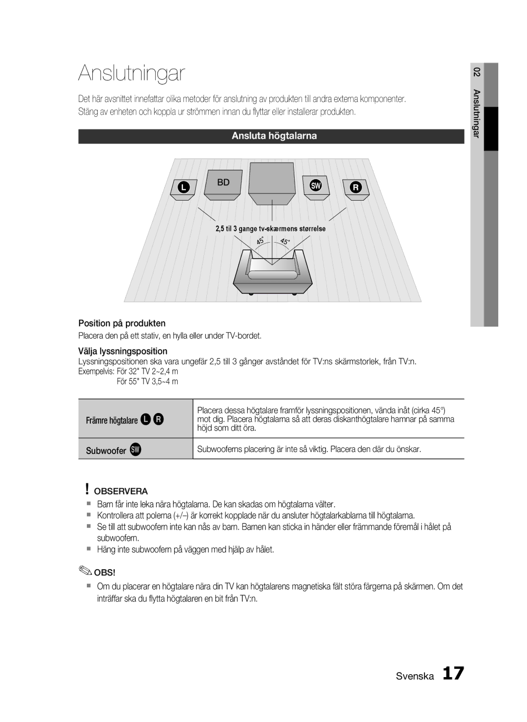 Samsung HT-C5200/XEE manual Anslutningar, Ansluta högtalarna 