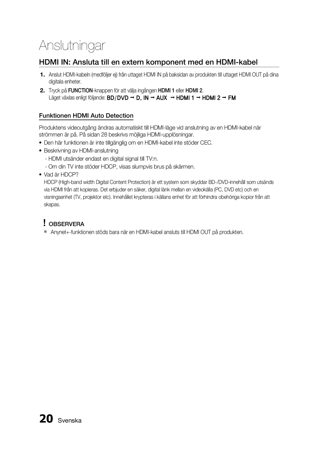 Samsung HT-C5200/XEE manual Hdmi in Ansluta till en extern komponent med en HDMI-kabel, Funktionen Hdmi Auto Detection 