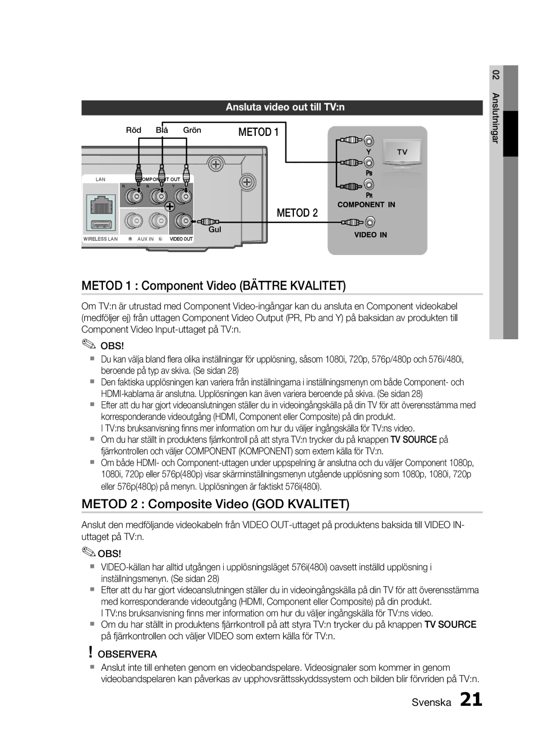 Samsung HT-C5200/XEE manual Metod 1 Component Video Bättre Kvalitet, Metod 2 Composite Video GOD Kvalitet 