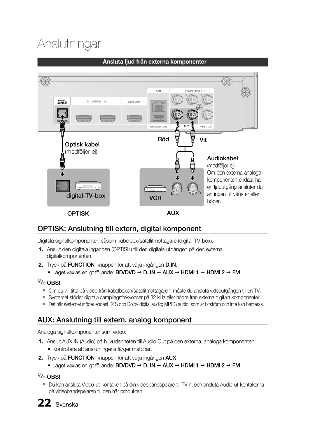 Samsung HT-C5200/XEE manual Optisk Anslutning till extern, digital komponent, AUX Anslutning till extern, analog komponent 