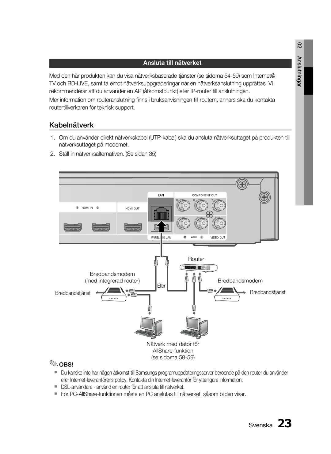 Samsung HT-C5200/XEE manual Ansluta till nätverket, Bredbandsmodem Med integrerad router Eller Bredbandstjänst, Obs 