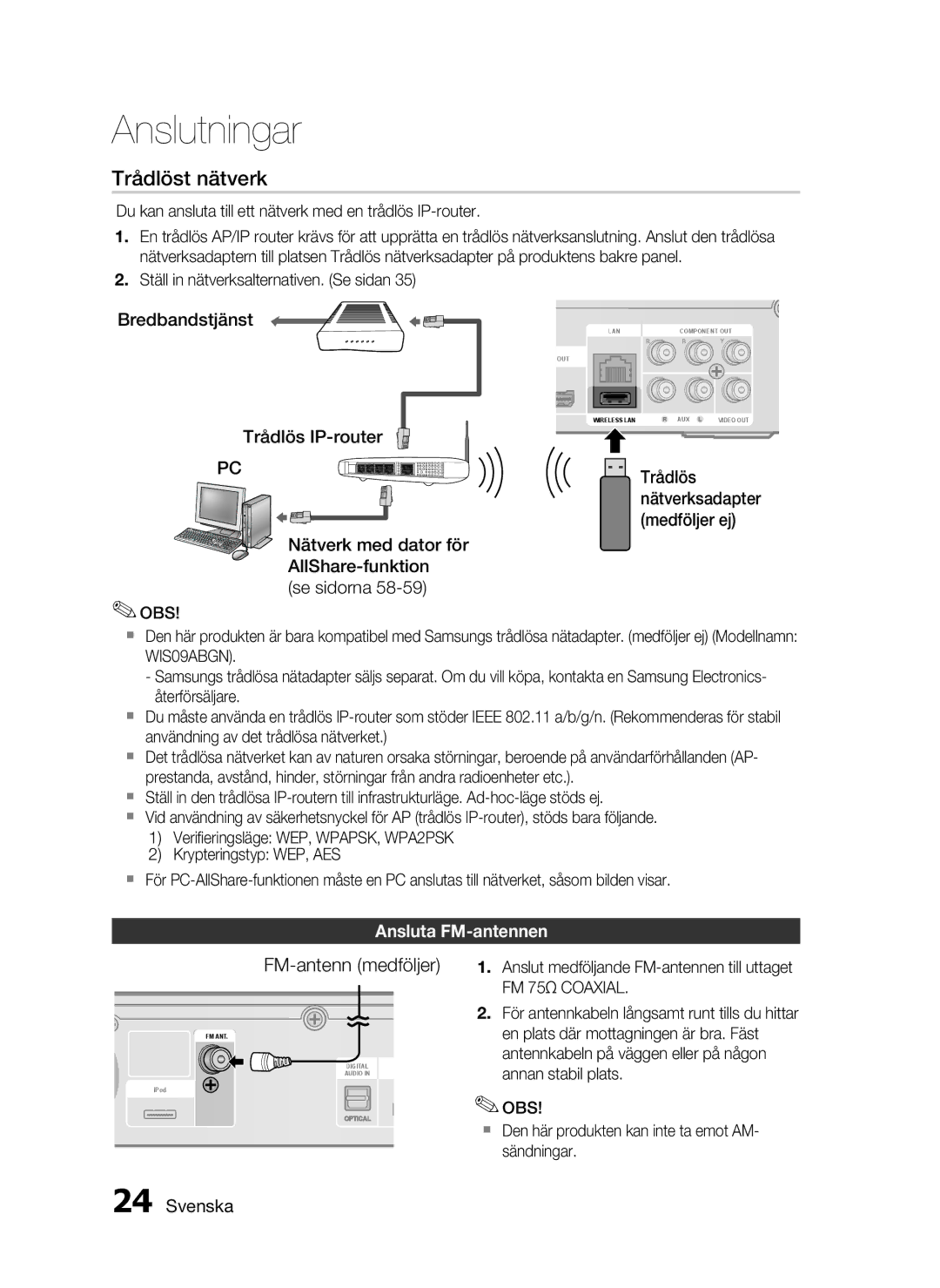 Samsung HT-C5200/XEE manual Trådlös, Ansluta FM-antennen 