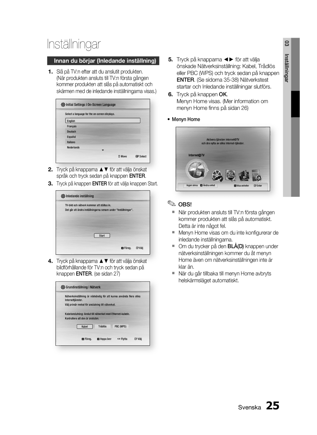 Samsung HT-C5200/XEE manual Inställningar, Innan du börjar Inledande inställning, ENTER. Se sidorna 35-38 Nätverkstest 