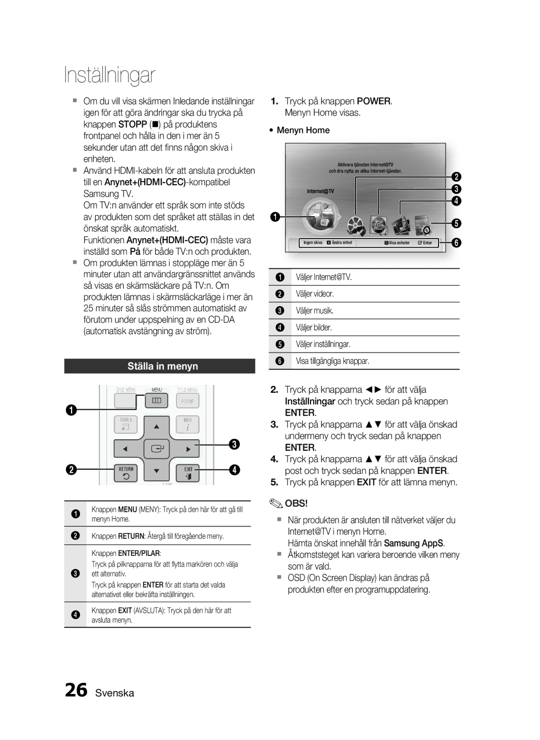 Samsung HT-C5200/XEE manual Ställa in menyn, Enter 