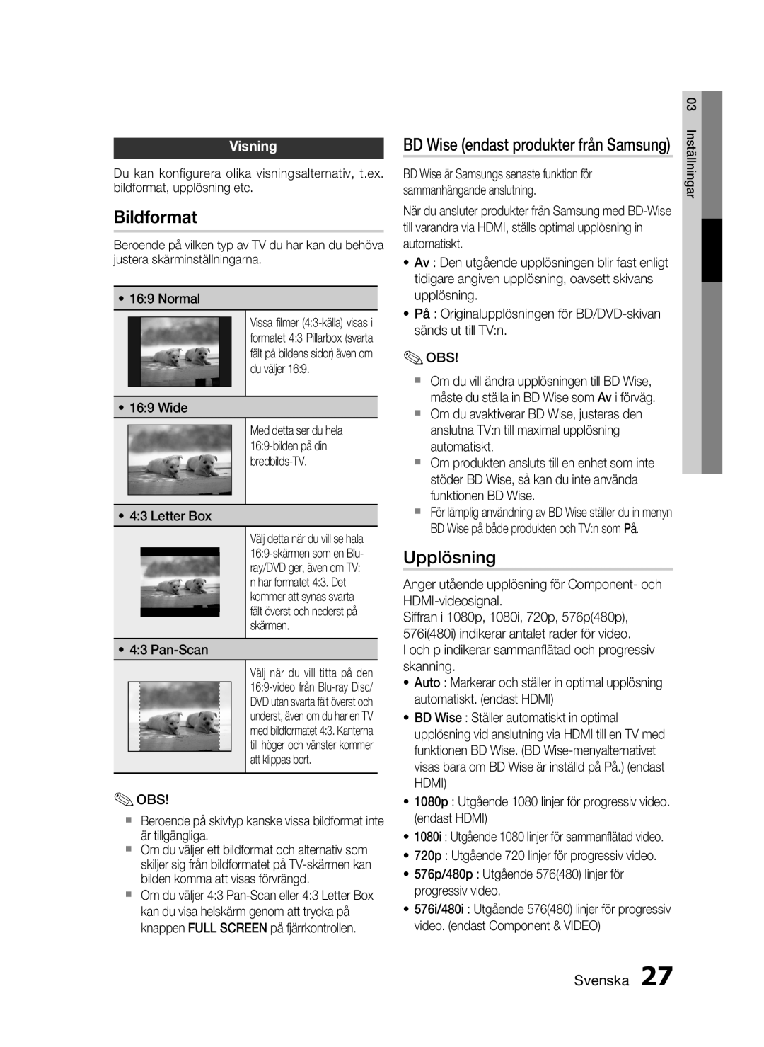 Samsung HT-C5200/XEE manual Upplösning, Visning, BD Wise endast produkter från Samsung 