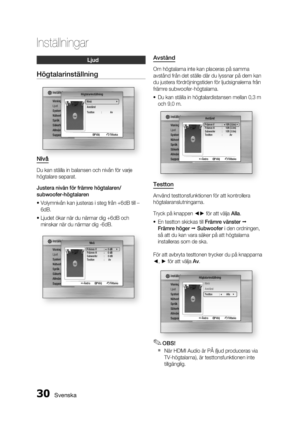 Samsung HT-C5200/XEE manual Högtalarinställning, Ljud, Nivå, Avstånd, Testton 