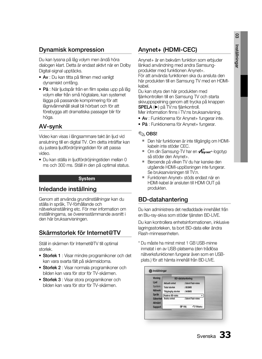 Samsung HT-C5200/XEE Dynamisk kompression, AV-synk, Inledande inställning, Skärmstorlek för Internet@TV, Anynet+ HDMI-CEC 