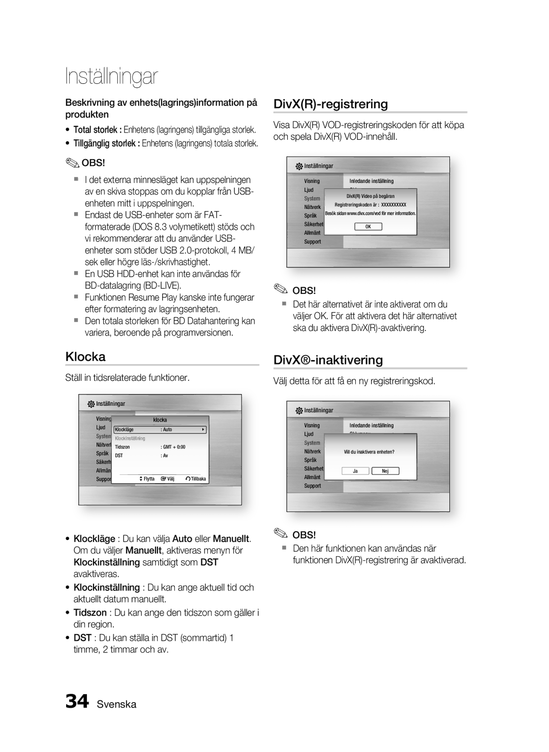 Samsung HT-C5200/XEE manual DivXR-registrering, Klocka, DivX-inaktivering 