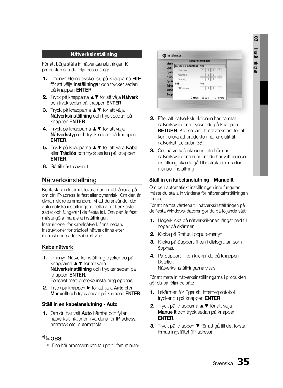 Samsung HT-C5200/XEE manual Nätverksinställning, Kabelnätverk 