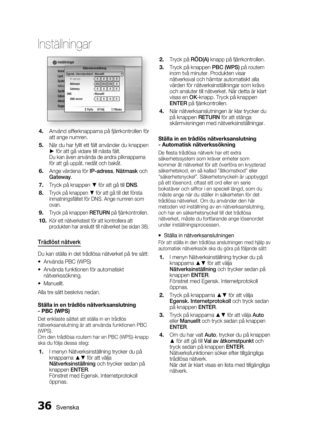 Samsung HT-C5200/XEE manual Trådlöst nätverk,  Ställa in nätverksanslutningen 