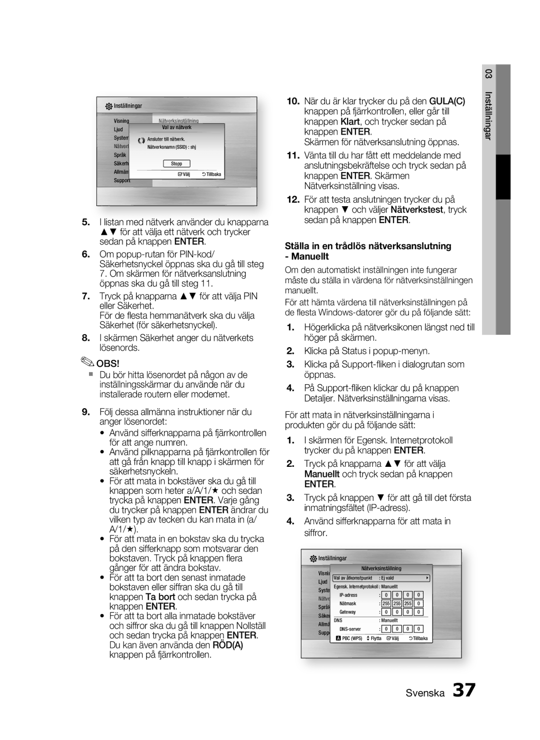 Samsung HT-C5200/XEE manual Ställa in en trådlös nätverksanslutning Manuellt 