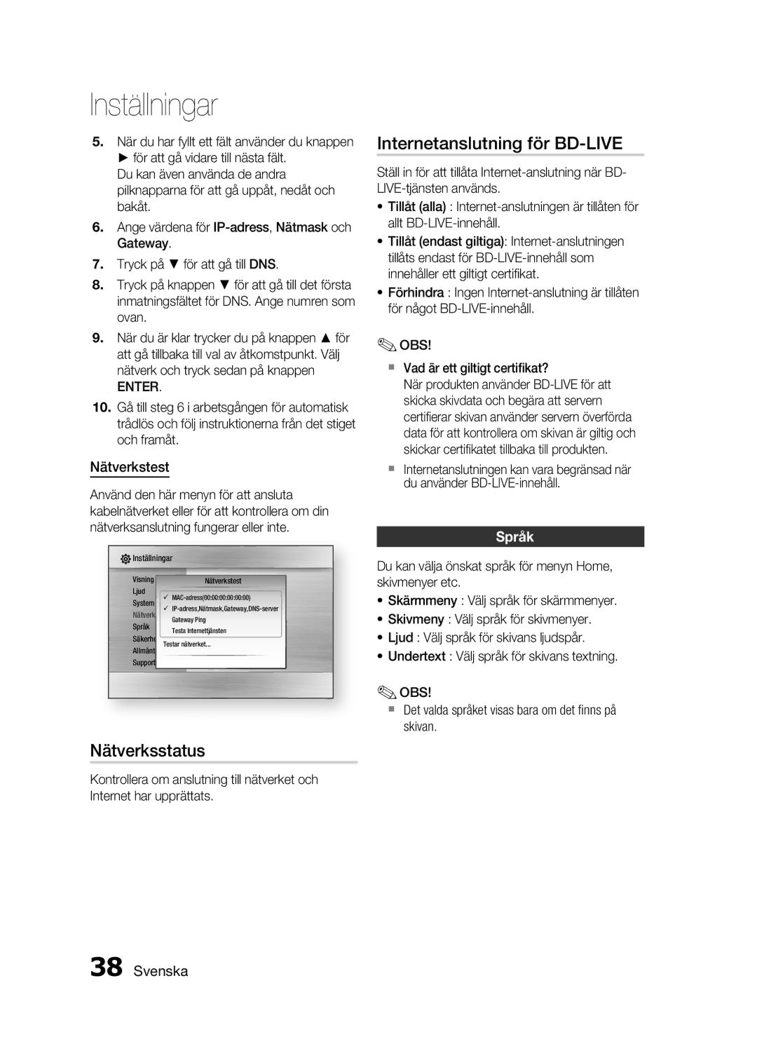 Samsung HT-C5200/XEE manual Internetanslutning för BD-LIVE, Nätverksstatus, Nätverkstest, Språk 